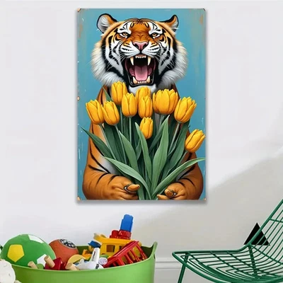 Roaring Tiger With Vibrant Tulips Portrait Home Decor Wall Print Art
