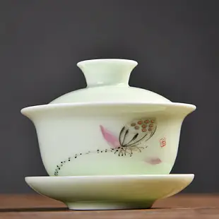 單個茶碗蓋碗大號白瓷青花瓷薄胎茶壺汝窯高腳三才蓋碗羊子玉手繪