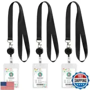 3 Pack Black Lanyard Retractable Badge Reels with Vertical ID Badge Holder fo