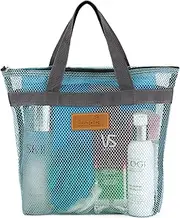 TOPASION Mesh Shower Caddy Bag Portable Hanging Toiletry and Bath Organizer with Zipper for Travel, Gym, Camping, College Dorms, Beach, Sky Blue, 11.8 x 11 x 3.8 inches