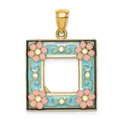 14k Yellow Gold w/ Enamel Aqua Floral Picture Frame Charm