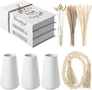 Maxdot 82 Pcs Boho Farmhouse Decor, Include 3 White Ceramic Vase, 75 Dried Pampas Grass, 1 Farmhouse Wood Beads and 3 Decorative Books for Home Decor, Boho Centerpieces for Tables, Wedding