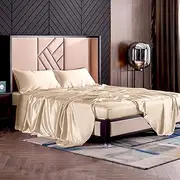 THXSILK Silk Sheet Set 4 Pcs, 19 Momme Silk Bed Sheets, Luxury Bedding Sets -Ultra Soft, Hypoallergenic, Durable-100% Top Grade Mulberry Silk (Queen, Champagne)