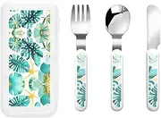 Tropical Beach Plant Theme 3 Piece Set For Camping Stainless Steel Flatware, Spoon, Fork, Knife, Ideal For Outdoor