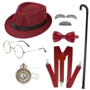 Old Man Costume Accessories Set Grandpa Accessories Set Fedora Hat-wine Red