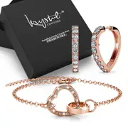 Boxed Rose Gold Interlocking Heart and Huggie Earrings Set Embellished with SWAROVSKI® Crystals