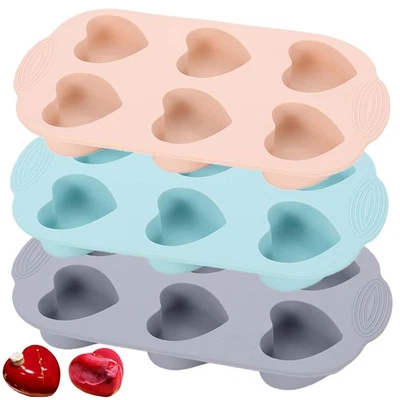 6 Cups Silicone Muffin Pans -Heart Shape Cupcake 3 Pack Non-Stick Bakeware Molds