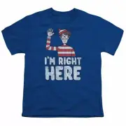 Where's Waldo Im Right Here Kids Youth T Shirt Licensed Cartoon Tee Royal Blue