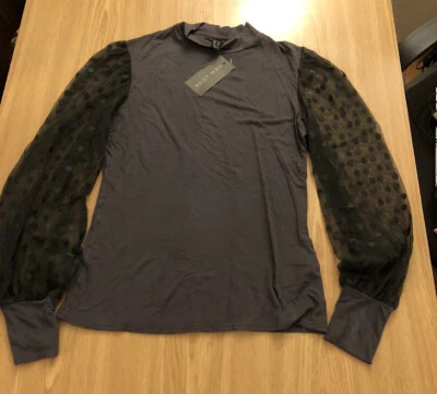 New Look Ladies Grey High Neck Top Blouse Polka Dot Top Size 14 Eur 42 Large