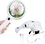 Magnifying Glasses Bundle Magnifier Pack – USB Rechargeable Hands-Free Headband Magnifier with LED Light & Large Handheld Magnifying Glass with 14 LED Lights. Reading, Jewellery, Lash, Hobby, Seniors