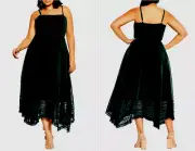 CITY CHIC Black Flirty Nature Swiss Dot Belted Sash Smocked Midi Dress XS 14W 0X