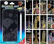 Pack of 12 Rainbow Scratch Papers, Scratch Paint for Adults and Children with Scratch Tool - Famous World Landmarks, Scratch Cards, Craft Kits for Adults and Children