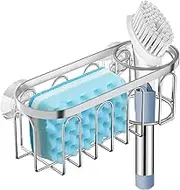 2-in-1 Sponge Holder for Kitchen Sink, Suction Cup Rack/Caddy, No Drill Rustproof Organizer for Place Dishwashing Brush Soap (Silver)