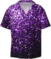 [YANYU] Beautiful Purple Glitter Print Hawaiian Shirts Men Short Sleeve Button Down Cuban Collar Shirt Summer Beach Days
