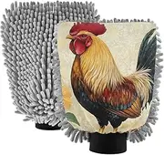 XYMZR Rooster Flower Vintage Absorbent Microfiber Car Wash Mitt, Funny Cute Anime Scratch Free for Cars Cleaning, Home Cleaning Mitts, 2 Pack, 10.24” L x 7.09” W
