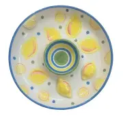 Nicole Engblom Chips & Dip Bowl Platter Lemons Scattered W/ Stripes 15” NOS FUN!