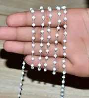 925 silver wire wrapped rosary chain, 3mm white glass beads bulk roll chain