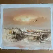 12 X 16 Vintage Hand Painted Original Painting On Canvas Sunset & Seaoats
