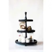 24" Black Wood Tiered Tray, Farmhouse Decor Two Three Shelf