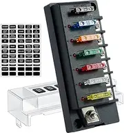 12V Fuse Block, Blade Fuse Box Holder with LED Indicator Waterproof Cover, Dust-Proof Fuse Box Holder, Safe Compact Car Marine Fuse Panel for Car Automotive Boat RV (6-Way)