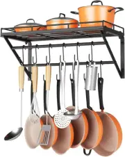 23 Inch Wall Mounted Pot Rack Storage Shelf with 2 Tier Hanging Rails 12 S Hooks