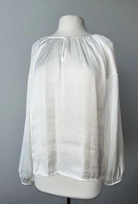 NWT Vince Camuto M/L Silky Satin Peasant Top Blouse Ivory Long Sleeve Keyhole