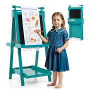 Costway 3-in-1 Foldable Art Easel Chalkboard Whiteboard Double-sided Easel w/Paper Roll Painting Green