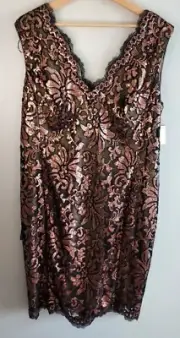 Tadashi Shoji Black Brown Sequin V-Neck Midi Sheath Dress Size 14
