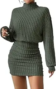 [BeadChica] Women's Pullover Sweater Dress Long Lantern Sleeve Turtle Neck Cute Ribbed Knit Bodycon Mini Short Dress 2024 Fall