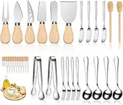LifeMusican Charcuterie Accessories Wooden Cheese Spreader Knive Set, Wood Handle Butter Knives For Cheese Board Kit, Mini Cheese Knife Slicer With Tongs, Spoons, Forks, Honey Dipper (23 Pack)