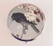 Crow Cherry Blossom Pill Box Case Pillbox Holder Trinket Japanese Woodblock Bird