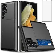 [Asuwish] Phone Case for Samsung Galaxy S23 Ultra 5G with Tempered Glass Screen Protector and Credit Card Holder Wallet Cover Hard Hybrid Cell Accessories S23ultra 23S S 23 S23ultra5g Men Black