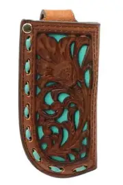 Nocona Knife Sheath Leather Turquoise Underlay Pierced Floral Brown 1804833