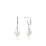 Ania Haie Silver Pearl Mini Hoop Earrings. Rhodium Plated On Sterling Silver With Baroque Pearl. Design: E019-02H