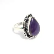 Amethyst Ring Size 8 Natural Gemstone Jewelry Pear Shape Ring Purple Crystal