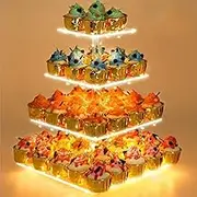 4 Tier Cupcake Stand Acrylic Tower Display with LED Light String, Cupcake Tray Holder Dessert Cake Tree Tower Pastry Stand for Birthday Cady Bar Décor Weddings Parties Events