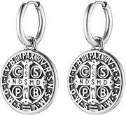 [HZMAN] St Benedict Cross Dangle Drop Earring for Men Retro Stainless Steel Round Exorcism Medal Hinged Huggie Hoop Earring Jewelry Gift