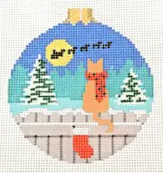 Hand-painted Needlepoint Canvas, Christmas Cat watching Santa, 18m, NEW