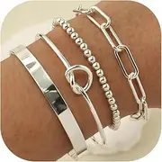 [Reoxvo] Silver Bangle Cuff Bracelets for Women Trendy Sterling silver Plated Paperclip Chain Bracelet Stack Silver Beaded Bracelet Jewelry Set for Women 4pcs