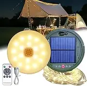 Solar Camping String Lights, 39Ft Long String, Muti-function Solar Powered and USB Rechargeable Lantern with Remote Control, 5 Light Modes Portable Lamp for Hiking, Decorations Outdoor IP44 Waterproof