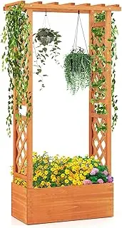 Costway Raised Garden Bed with Trellis, Wood Freestanding Planter Box with Hanging Roof, Drainage Holes for Climbing Plants, Flowers, Vegetables, Indoor Outdoor Planting Bed for Patio Yard
