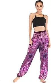 [WSLCN] Women's Harem Hippie Pants Baggy Boho Patterned High Waist Smocked Waist Thin with Pockets Lounge Trousers for Yoga Summer Beach