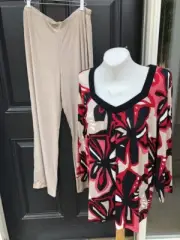 New 2-pc Chico's Travelers Black Red Mojave Sand No Tummy Pant & Top 3 XL 16 NWT