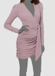 Aqua Women's Pink Metallic Long Sleeve Faux-Wrap Dress Size 8