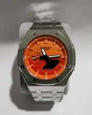 Casio G-shock Ga-2100 Custom Mod with Orange Dial and Stainless Steel Bracelet.