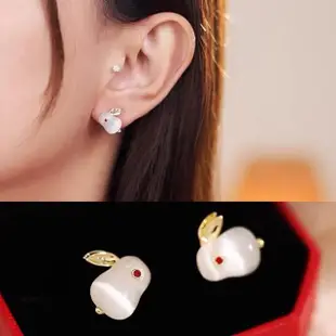 【Emi 艾迷】可愛白兔玉兔 耳環 耳夾 夾式耳環 無耳洞