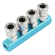 Metal Air Hose 4 Way Pass Connecting Quick Coupler Socket Blue Silver Tone✦Kd