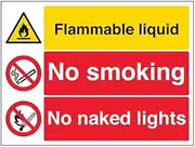 V Safety Warning Fire & Flammable- Flam. Liquid/No Smoking/No Naked Lights - 400 X 300MM Safety Sign With Snap Frame