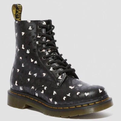 DR MARTENS 1460 PASCAL BLACK MULTI CUSTOM CHAOS HEARTS BACKHAND BOOTS UK 3 US 5