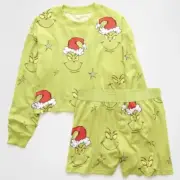 AE American Eagle Women’s Grinch Plush PJ Set Green Size Medium NEW